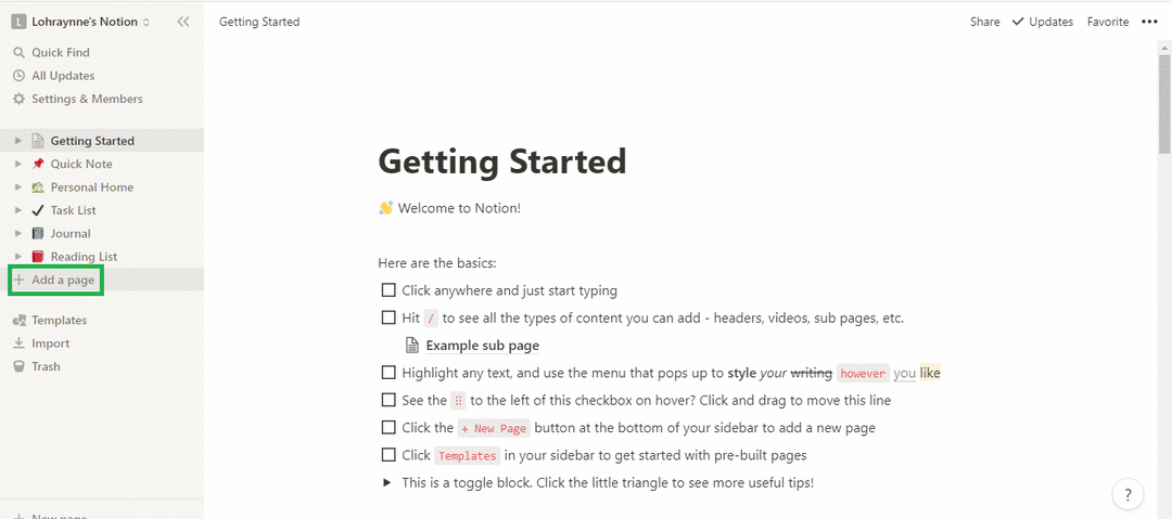 página inicial do notion com a frase "getting started" e a opção ressaltada no menu esquerdo de "add a page"